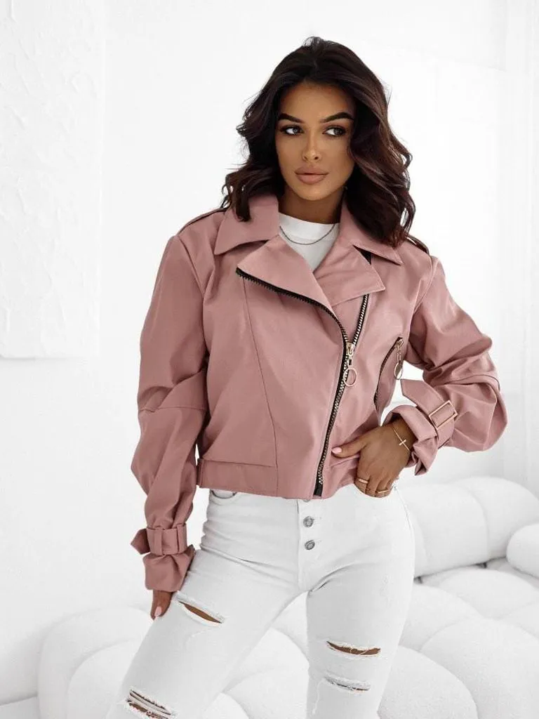 Damen-Bikerjacke aus Öko-Leder mit Reißverschluss.