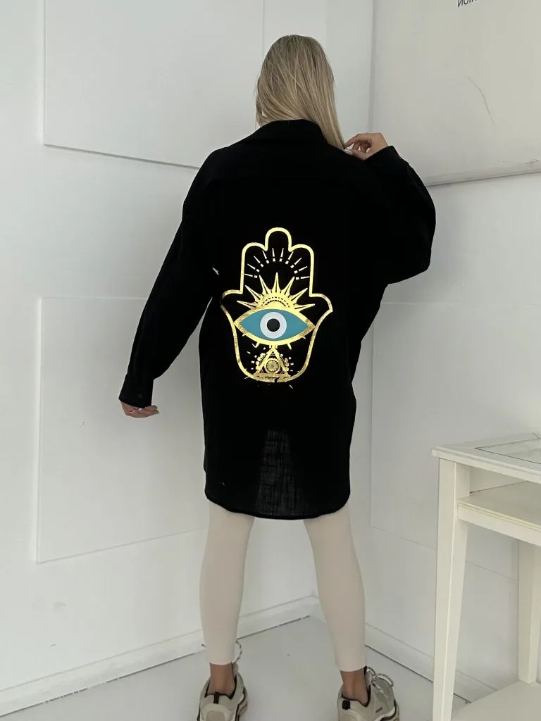 Damen Baumwollshirt mit goldenem Augen-Print