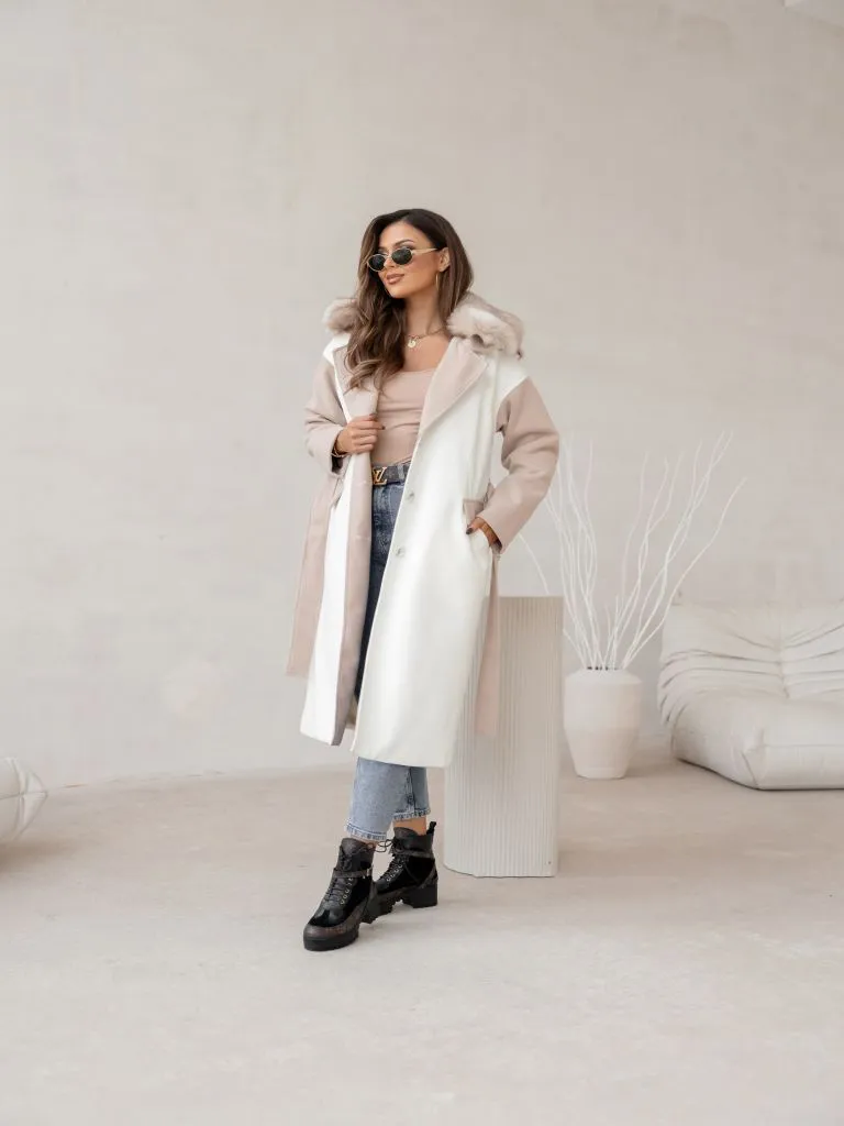 Zweifarbiger Lincoln-Mantel mit Pelz - Ecru mit Beige