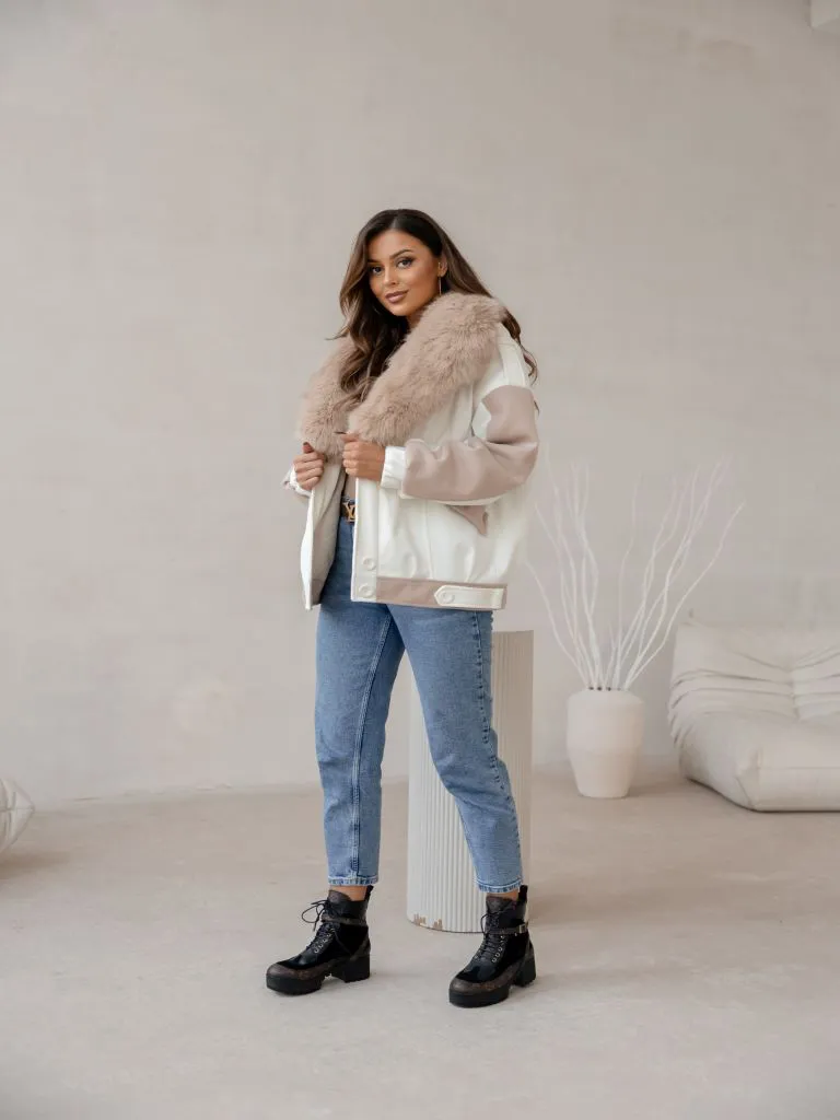 Vegas Pelzjacke - Ecru mit Beige