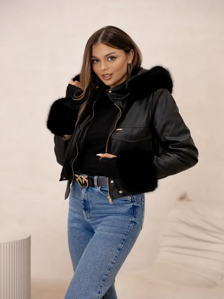 Aspen II Lederjacke mit Kapuze und Fell - Schwarz