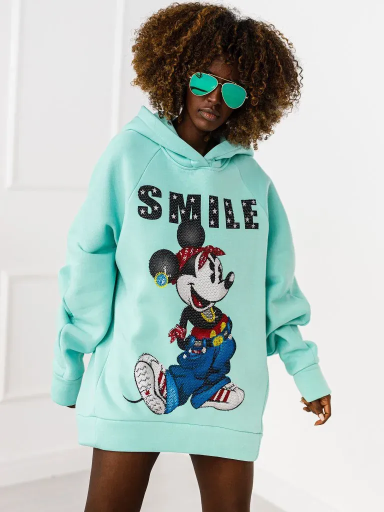 Bluza z kapturem - Micky z cyrkoniami - Miętowy