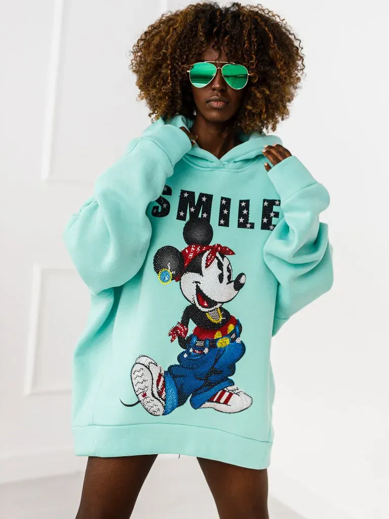 Bluza z kapturem - Micky z cyrkoniami - Miętowy