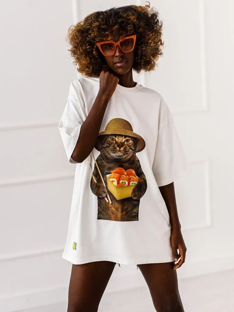 T-shirt Sushi Cat - Ecru